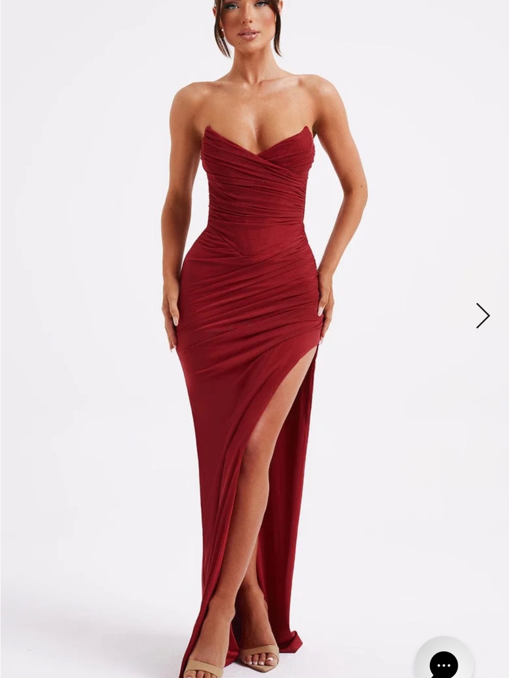Burgundy Strapless Ruched Evening Gown with Side Slit